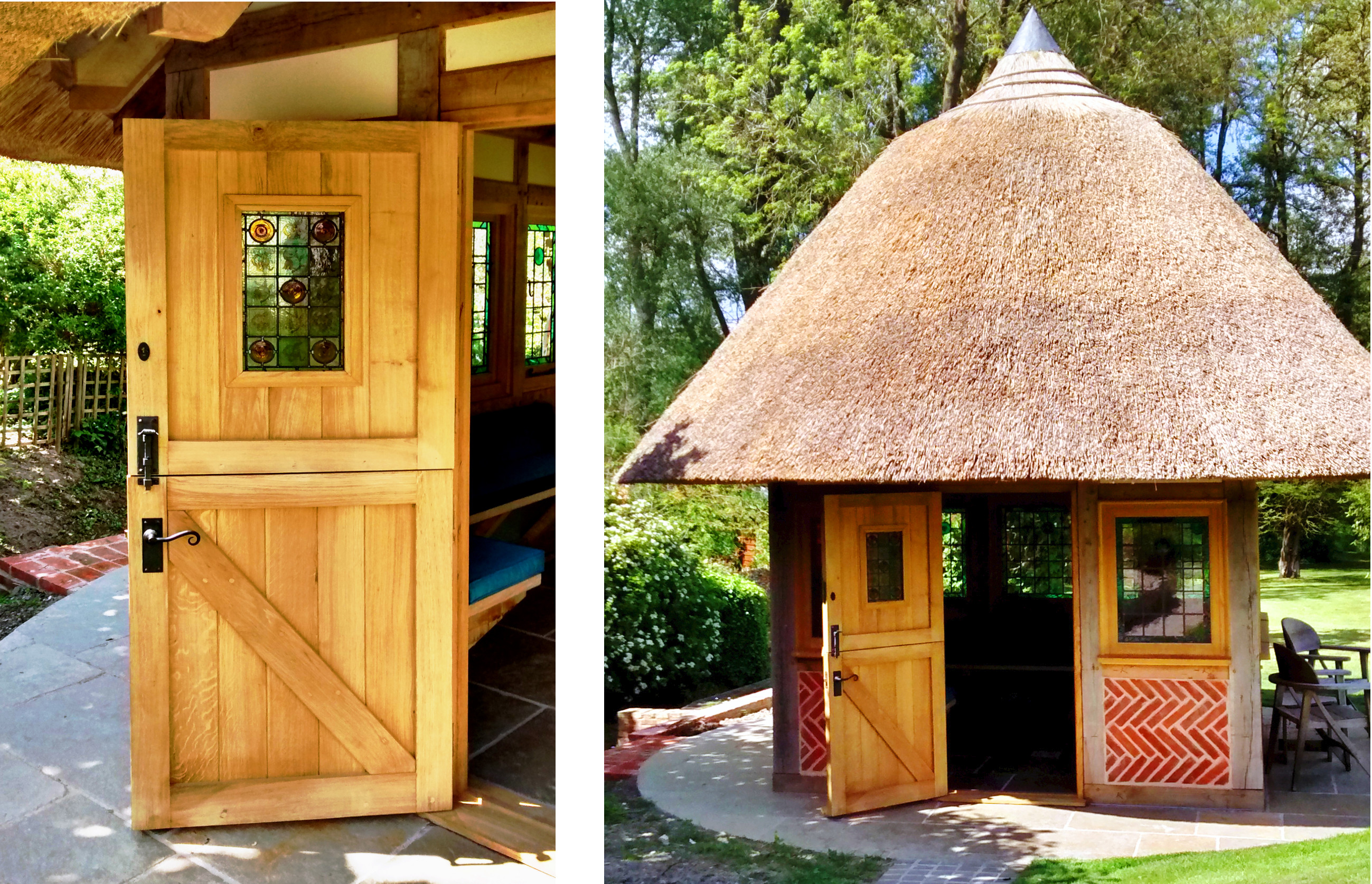 Oak stable door part-glazed with stained glass for a garden house