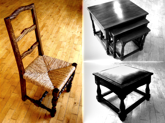 Ladder back chair with rush seat.  Nest of tables.  Covered stool. 