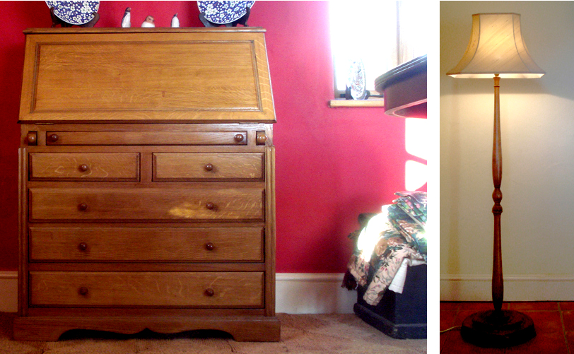 Oak bureau and standard lamp