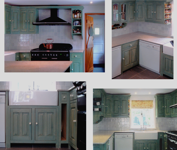 Pine kitchen with green wash finish and granite worktops