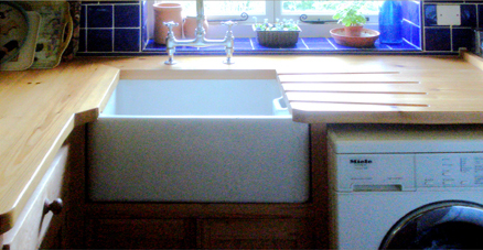 Wooden worktop for wet area made from varnished pine