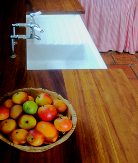 Wooden worktop for wet area made from oiled iroko